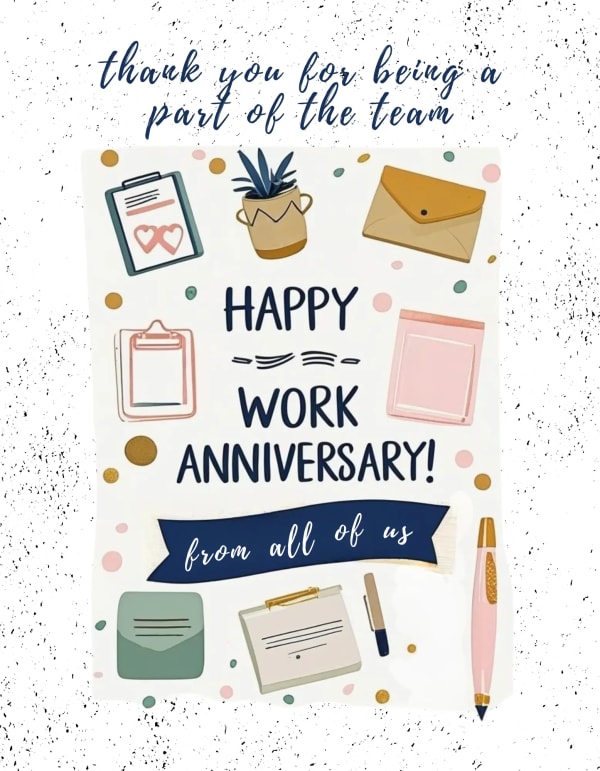 Cheerful work anniversary card with office-themed illustrations and decorative elements, designed for team celebrations.