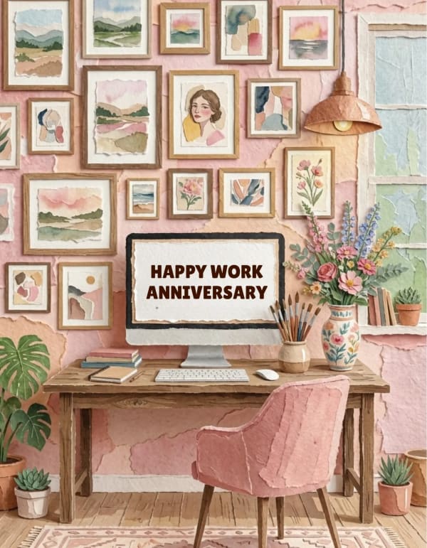 Cheerful work anniversary card with office scene and botanical artwork.