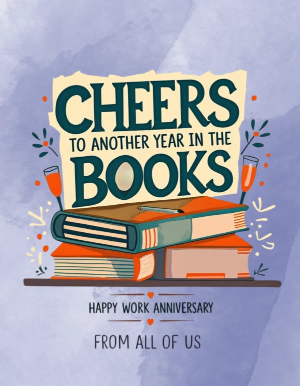 Work anniversary card featuring a stack of books, celebratory champagne flutes and foliage, suitable for an accountant or bookkeeper.