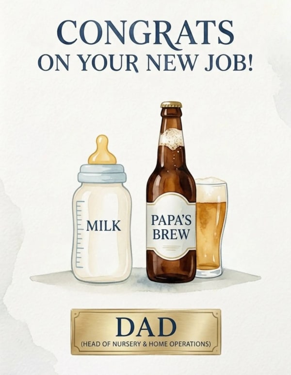 Humorous new baby card featuring a frothy beer mug alongside a baby bottle, celebrating a new dad with warmth and wit.