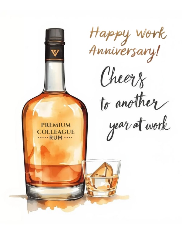 Group work anniversary card featuring an illustrated rum bottle and glass with a cheerful celebratory message for a valued colleague.