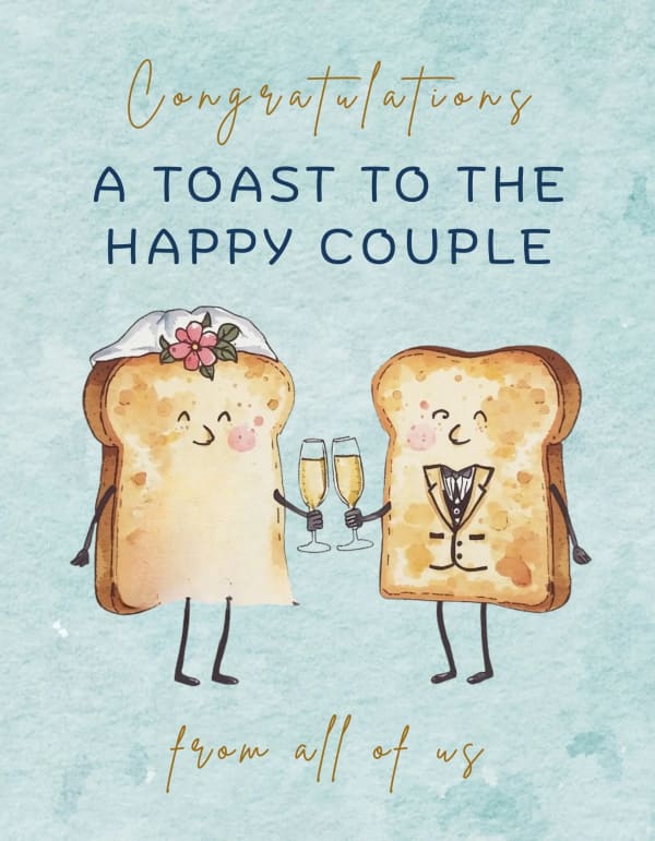 Humorous group wedding card with two toast characters dressed as bride and groom raising champagne flutes.