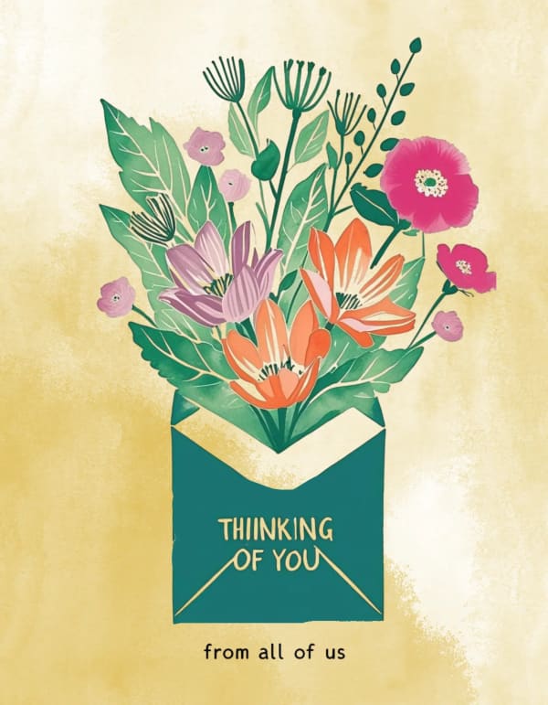 Group sympathy card with a soft floral bouquet emerging from a classic envelope.
