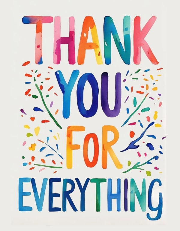 Cheerful group thank you card with watercolour-style lettering and confetti details.