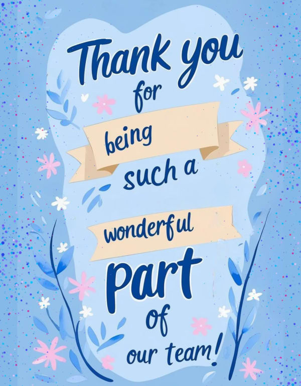 Blue group thank you card with delicate foliage and speckled background, conveying heartfelt appreciation.