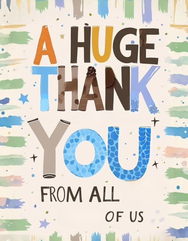 Handcrafted group thank you e-card with textured lettering, brushstroke borders and delicate star and floral motifs.