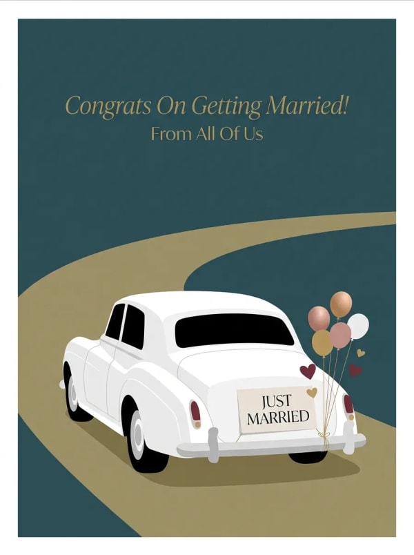Vintage wedding car with hearts on a road, ideal for group wedding congratulations.