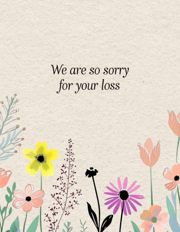 Illustrated sympathy card with floral border on a textured background.
