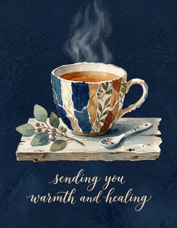 Illustrated card with a steaming cup and floral accents, exuding warmth and care.