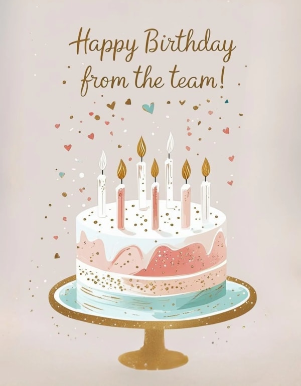 Illustrated birthday cake with candles and festive confetti accents.
