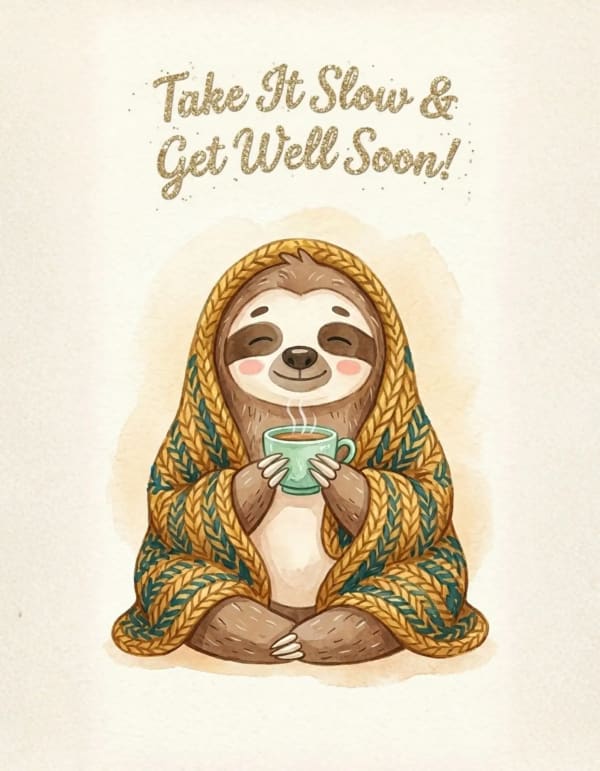 Cute sloth in blanket with a mug, conveying comfort and warmth.