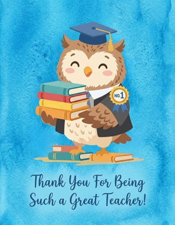 An owl in academic attire sits on books, surrounded by stars on a thank you card.