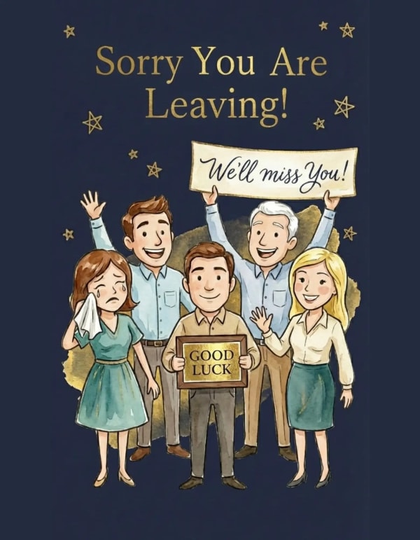 Illustrated group of colleagues bidding farewell with heartfelt expressions.