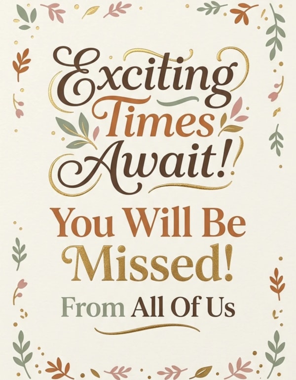 Farewell card with decorative leaves and elegant typography in warm tones.