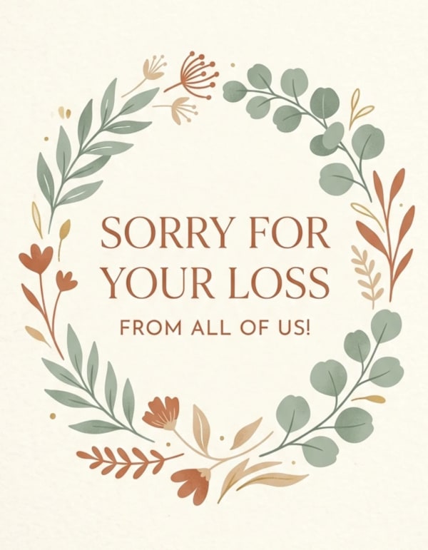 A sympathy card with a floral wreath design in soft, earthy tones.