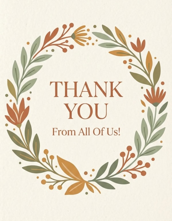 Floral wreath design on an elegant thank you e-card in earthy tones.