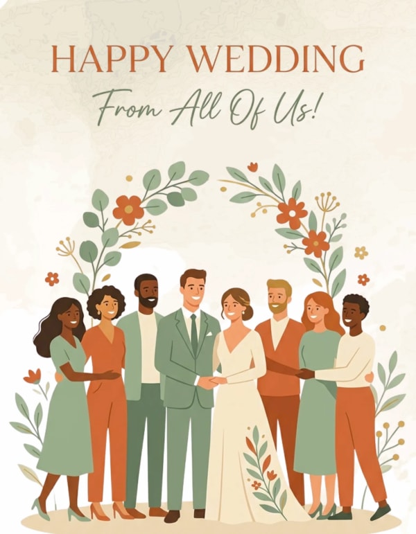 Illustration of a wedding couple with friends and floral decorations.