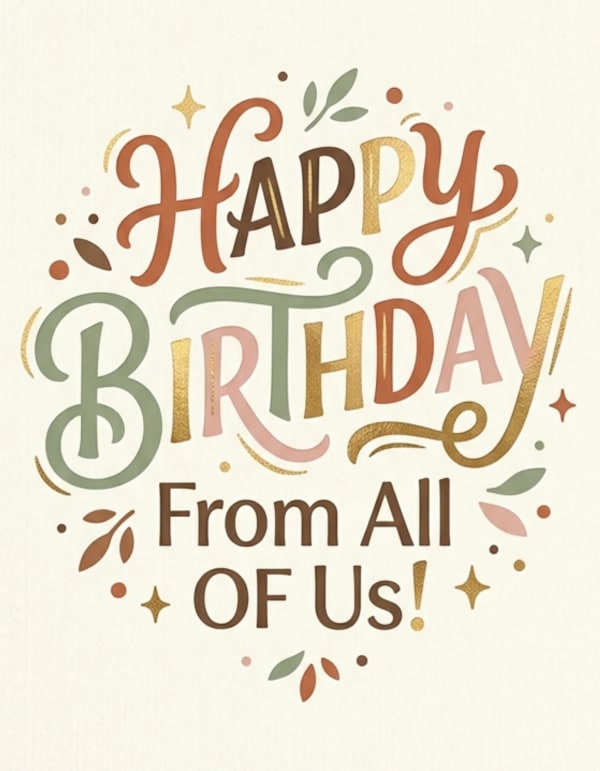 Colourful birthday card with decorative typography and festive elements.