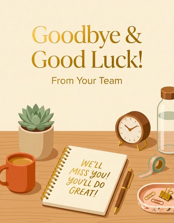 A farewell ecard with a cosy desk scene featuring plants and stationery.