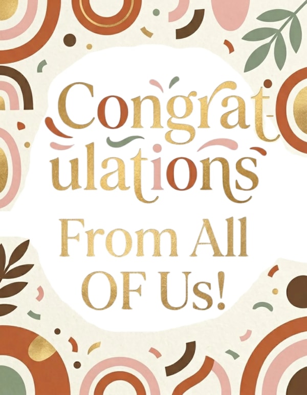 Colourful card with abstract shapes and a celebratory theme.