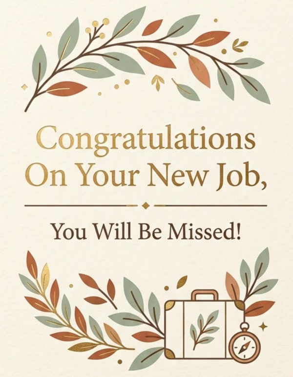 Elegant farewell card with foliage and travel-themed motifs.