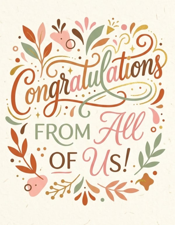 Colourful card with decorative leaves and flourishes for congratulatory messages.