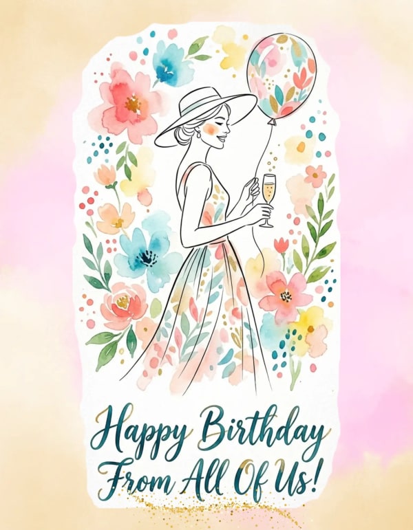 Elegant woman with floral dress, balloon, and flowers on a birthday e-card.