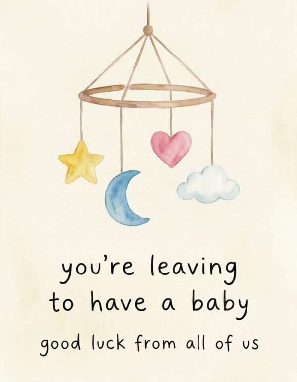Card with a mobile of stars, heart, moon, and cloud on a soft background.