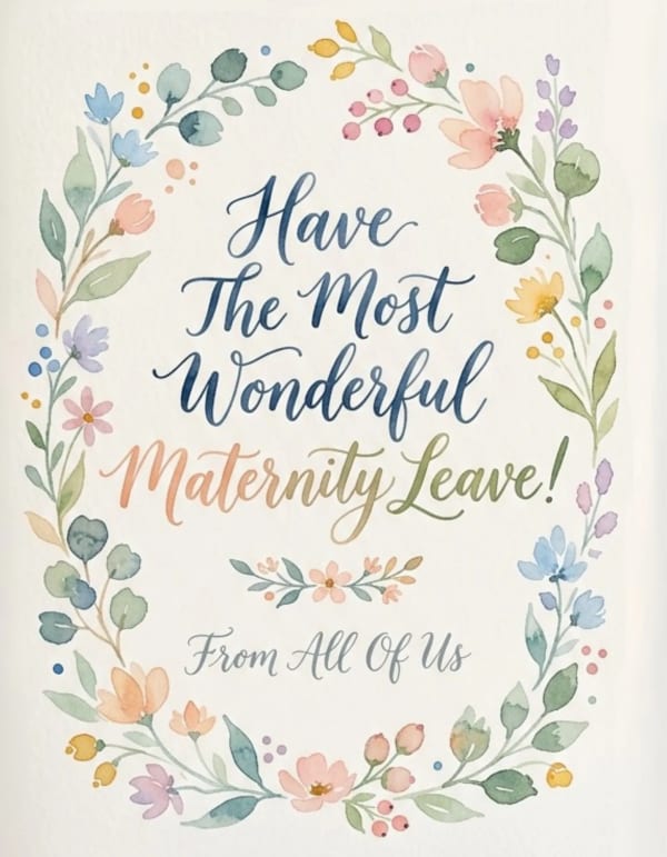 Floral wreath card with elegant script for maternity leave wishes.