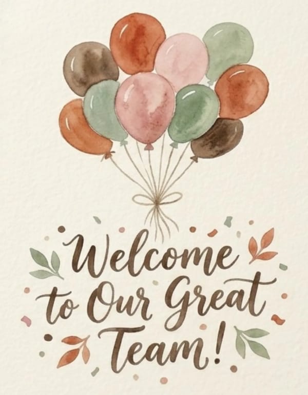 Hand-painted balloons and leaves design on a team welcome card.