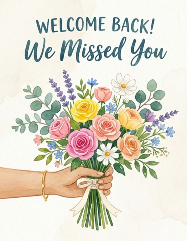 Hand holding a vibrant bouquet of flowers, perfect for a warm welcome message.