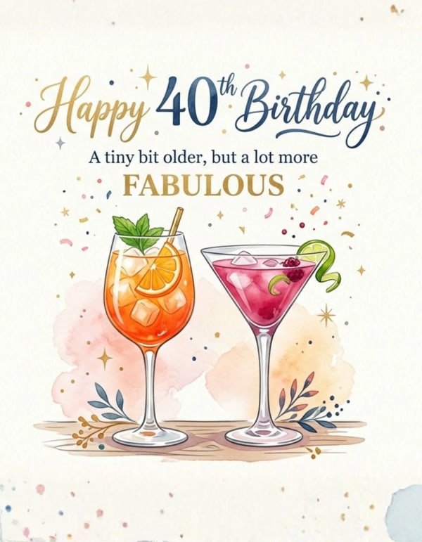 Two cocktail glasses with fruit garnishes on a celebratory birthday card.