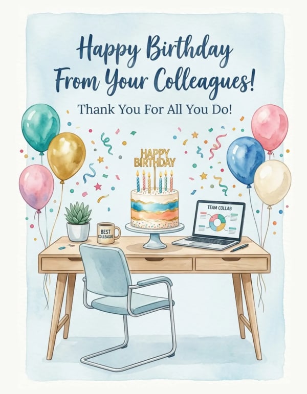 Desk with birthday cake, balloons, and festive decor for a colleague's celebration.