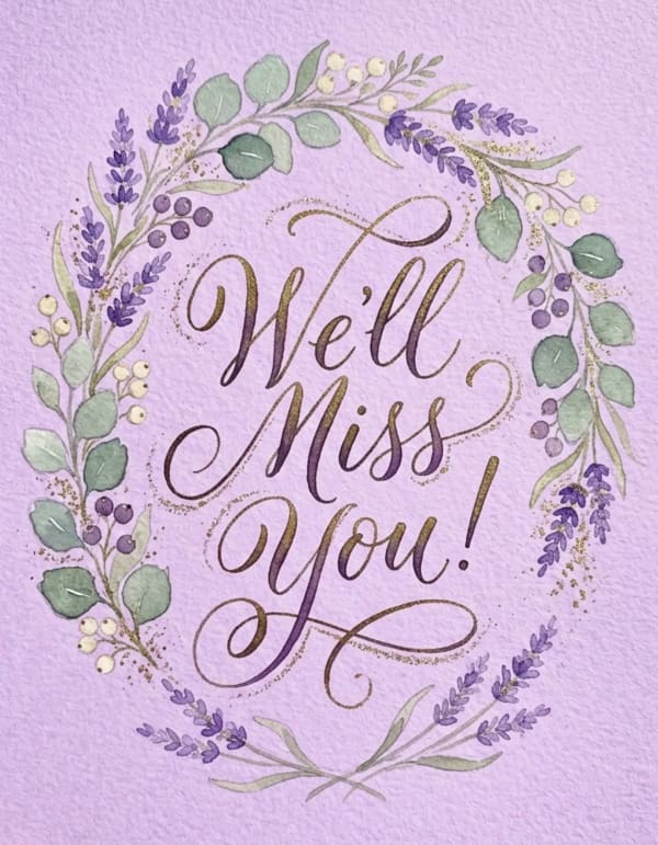 A farewell card with a floral wreath and elegant script on a soft background.