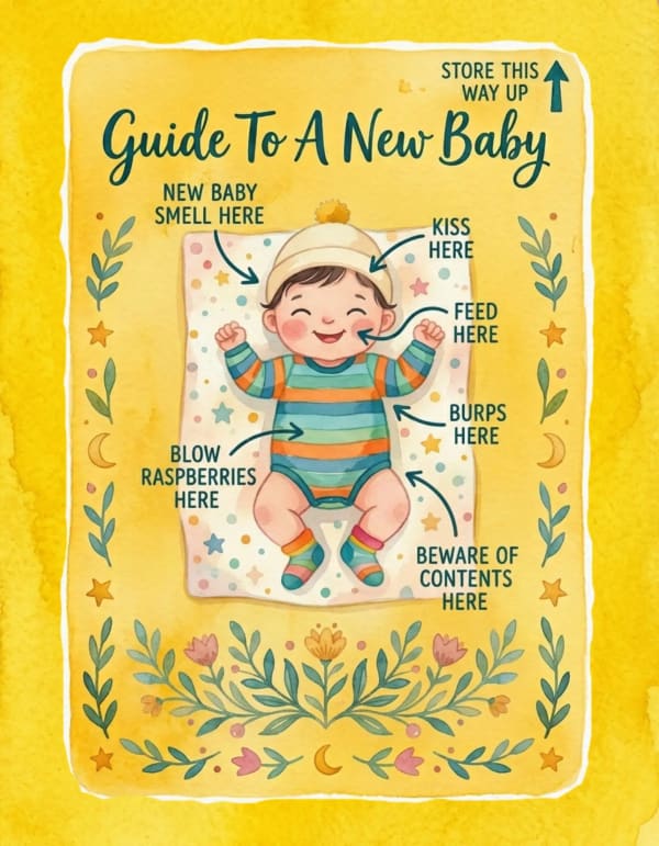 Cute baby card with floral accents and playful guide for new parents.