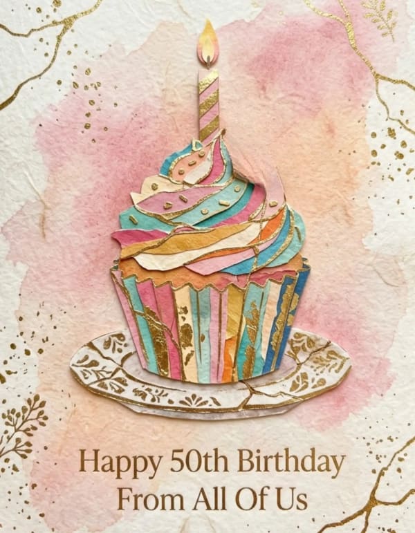 Colourful cupcake card with gold accents and artistic design on a watercolour background.