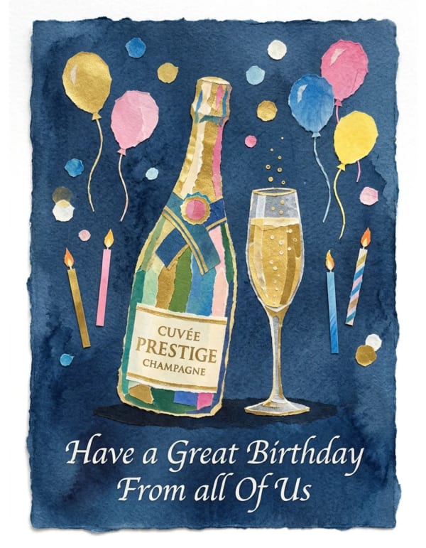 Colourful birthday card with champagne, balloons, and candles illustration.