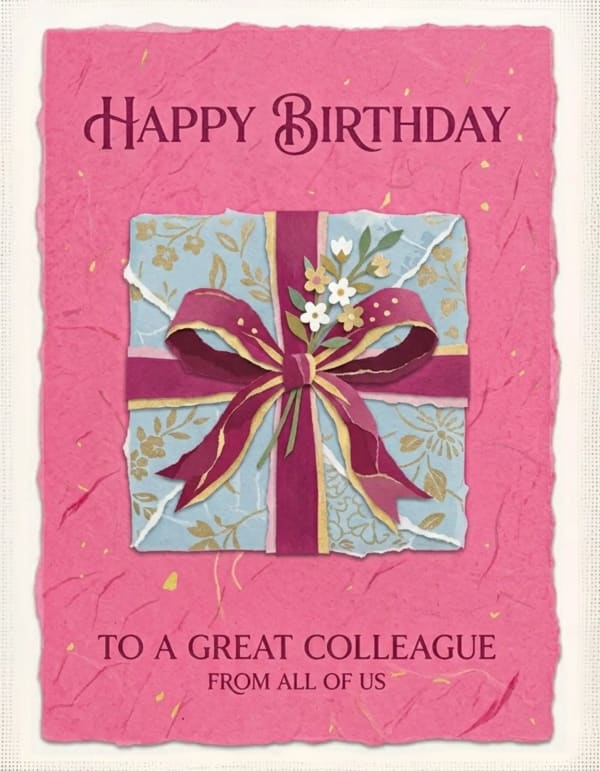 Elegant birthday card with a gift and floral design for a colleague.