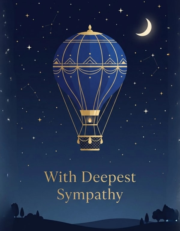 A hot air balloon floats in a starry night sky with a crescent moon.