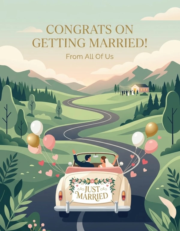 Newlyweds in a car on a scenic road with balloons and a distant wedding party.