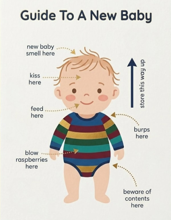 Cute baby illustration with playful arrows highlighting baby features.
