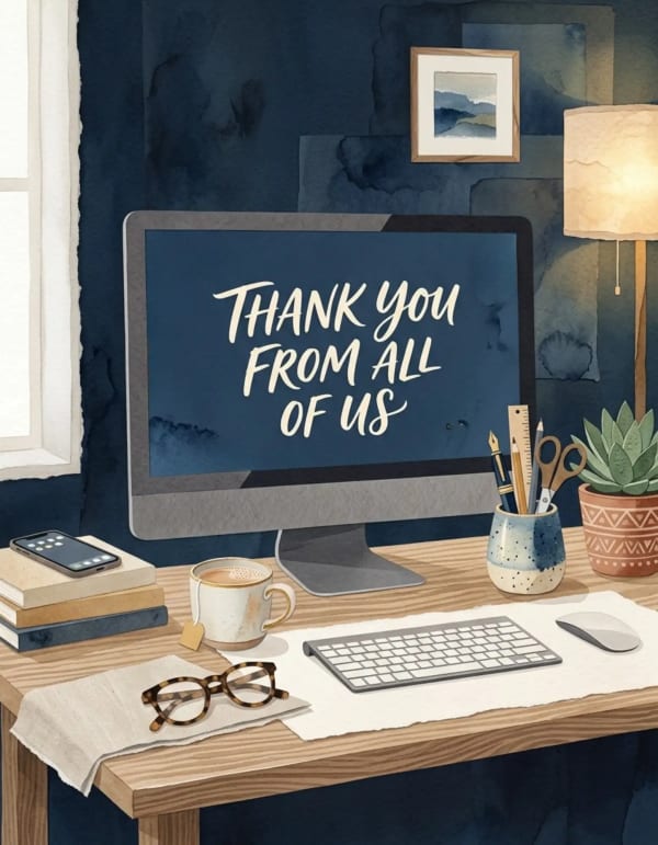 Cosy desk scene with a computer, books, glasses, and a steaming mug of tea.