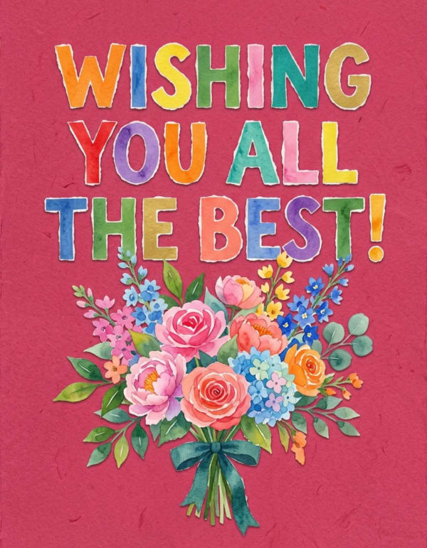 Colourful ecard with a hand-painted floral bouquet on a lively background.