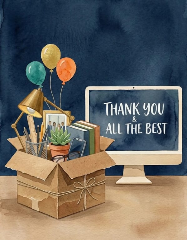 Office items in a box with balloons, depicting a farewell scene.
