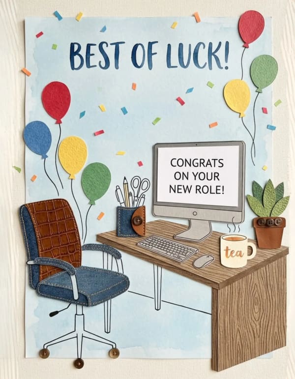 Office-themed card with balloons, confetti, and a desk setup for celebrating a new role.
