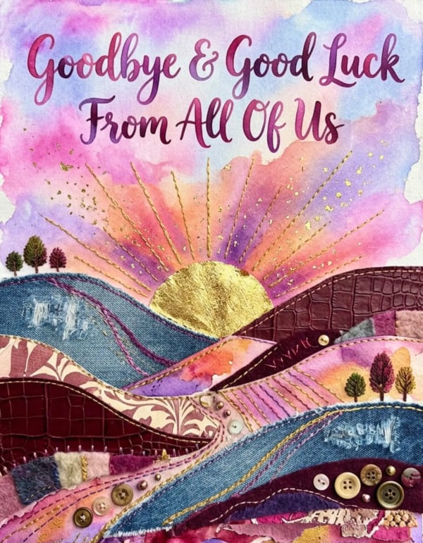Colourful card with a sun setting over textured, patterned hills and trees.