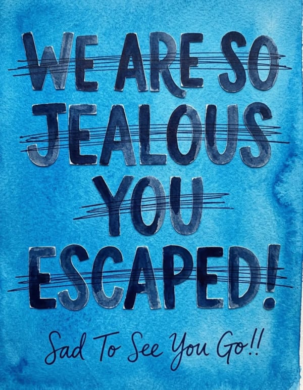Bold farewell card with artistic lettering and textured background.