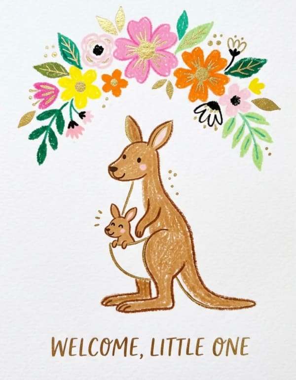 Illustration of a kangaroo with a joey and decorative flowers above.
