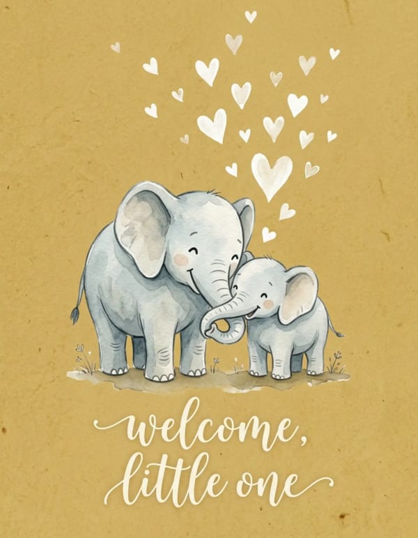Two elephants with hearts above, set against a warm background.