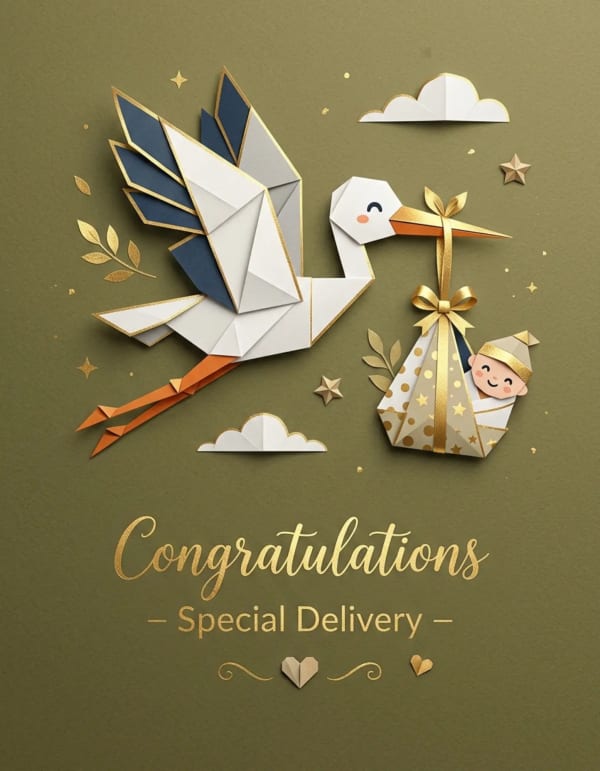 Origami stork delivering a baby with stars and clouds in the background.
